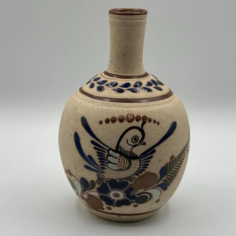 Vintage Hand-Painted Mexican Folk Art Vase - Rustic Pottery Bird & Floral Design